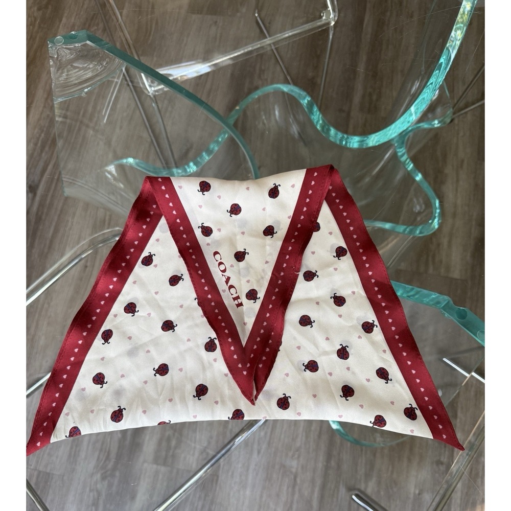 Coach 662 Silk Scarf Ladybug Heart Print Red Chalk Bandana Wrap Tie Lucky 36" - Picture 4 of 4